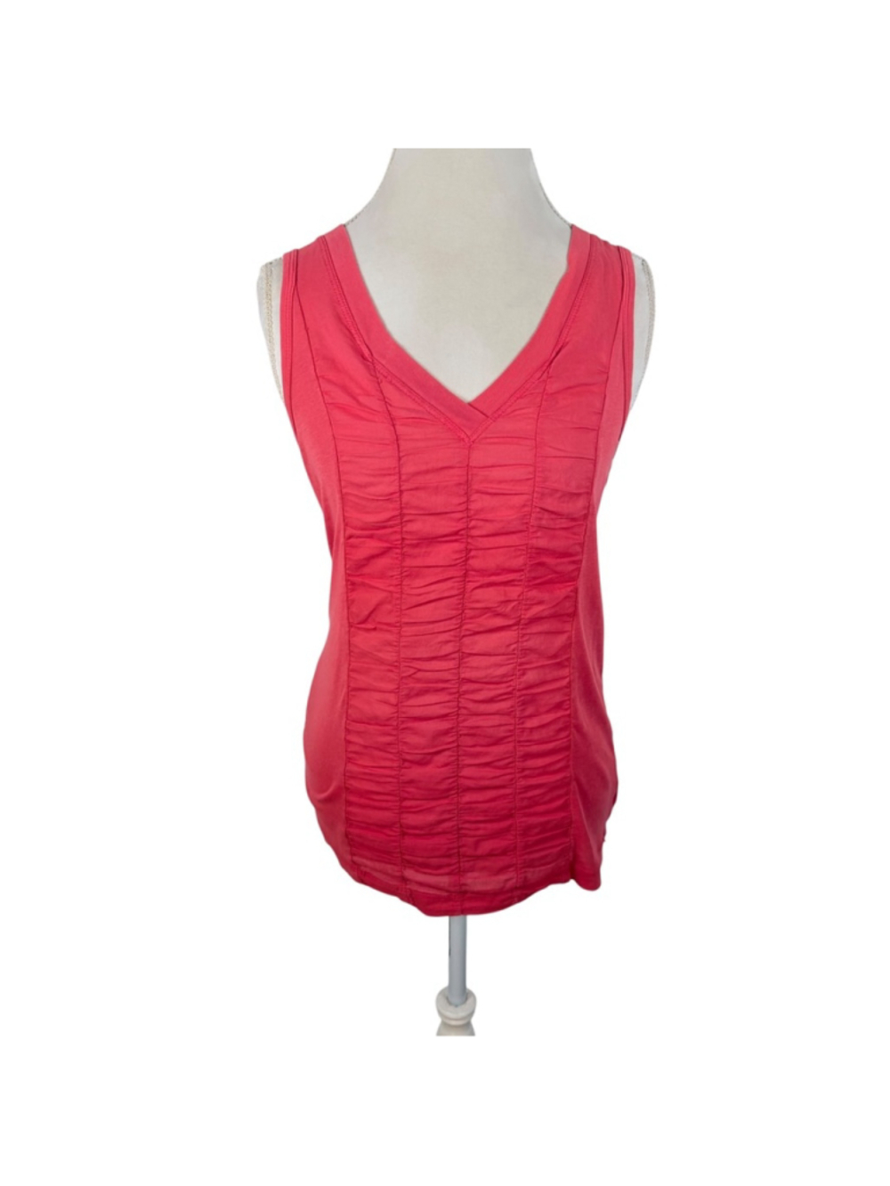XCVI Tank Top Coral Puckered Pleated Front V Neck 100% Cotton Lagenlook Size M - Picture 2 of 9